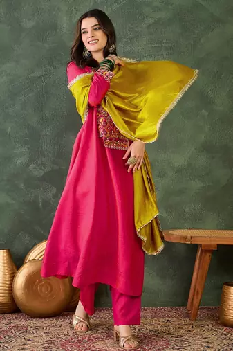 Women's Gorgeous Embroidery Work Vichitra Silk Fabric Flared Kurta Pant and Dupatta Set