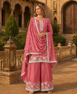 Peach heavy chinon semi stitched palazzo suit with embroidey work 1