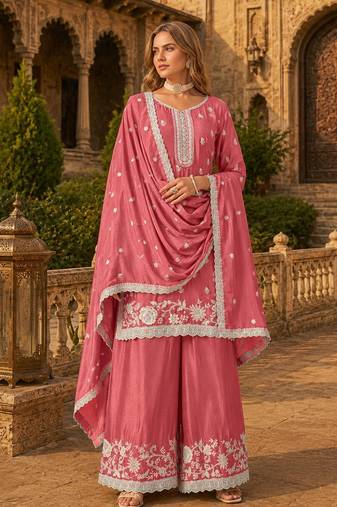 Peach heavy chinon semi stitched palazzo suit with embroidey work