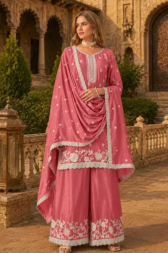 Peach heavy chinon semi stitched palazzo suit with embroidey work