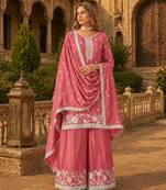 Peach heavy chinon semi stitched palazzo suit with embroidey work