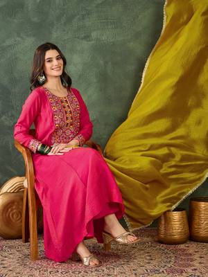 Women's Gorgeous Embroidery Work Vichitra Silk Fabric Flared Kurta Pant and Dupatta Set 5