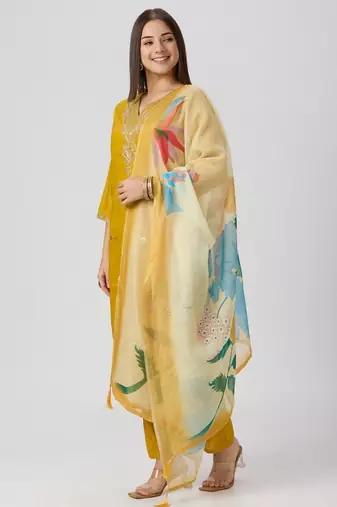 Yellow silk blend printed kurta set