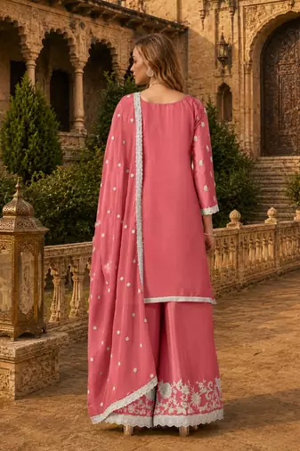 Peach heavy chinon semi stitched palazzo suit with embroidey work