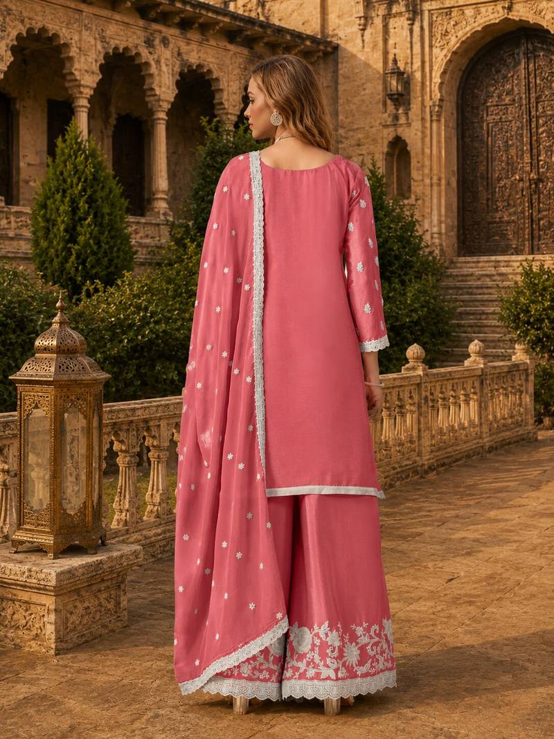 Peach heavy chinon semi stitched palazzo suit with embroidey work