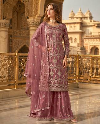 Brown heavy net semi stitched suit with embroidery work 1