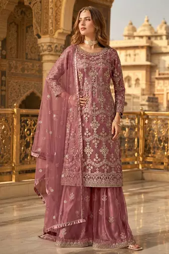Brown heavy net semi stitched suit with embroidery work