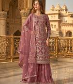 Brown heavy net semi stitched suit with embroidery work
