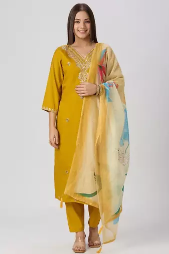 Yellow silk blend printed kurta set
