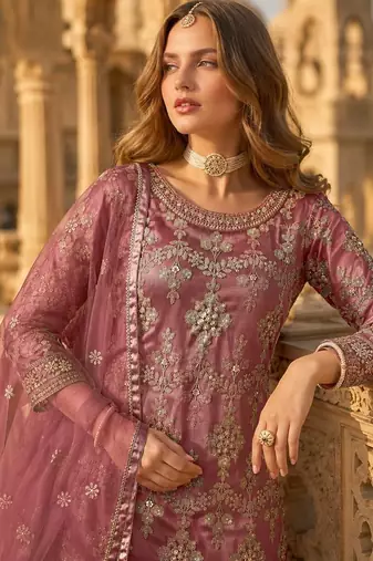 Brown heavy net semi stitched suit with embroidery work