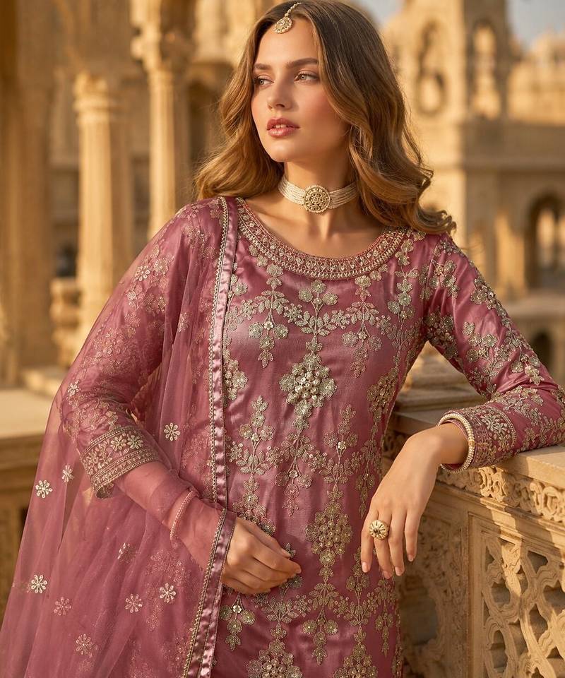 Brown heavy net semi stitched suit with embroidery work