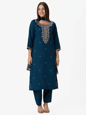 Teal-blue silk blend embroidered kurta set 1