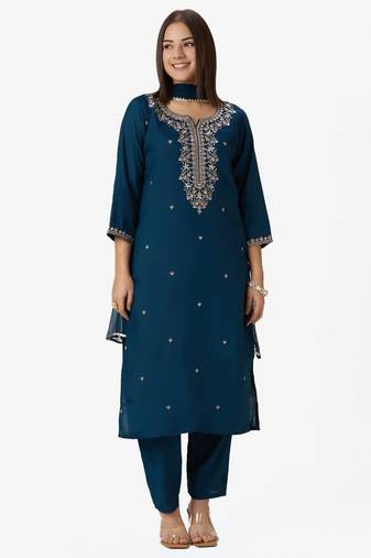 Teal-blue silk blend embroidered kurta set