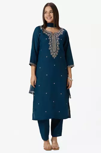 Teal-blue silk blend embroidered kurta set