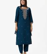 Teal-blue silk blend embroidered kurta set