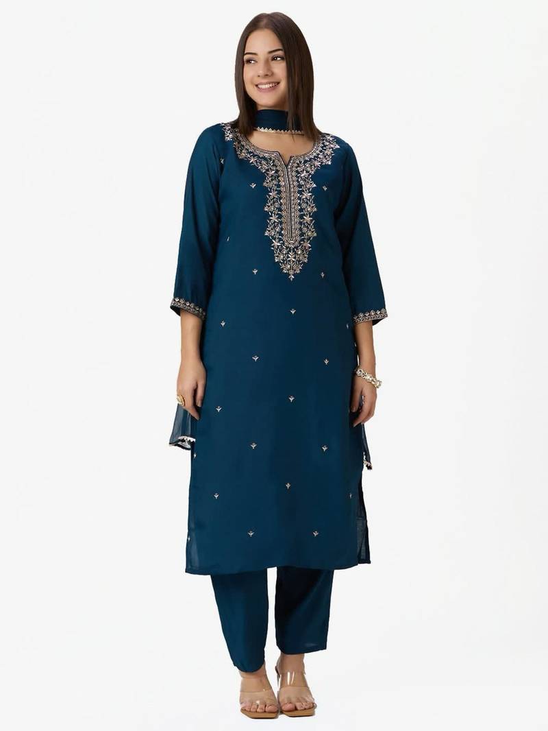 Teal-blue silk blend embroidered kurta set