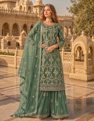 Green heavy net semi stitched suit with embroidery work 1