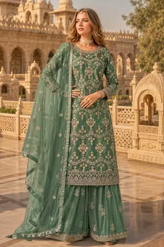 Green heavy net semi stitched suit with embroidery work