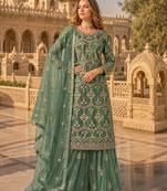 Green heavy net semi stitched suit with embroidery work