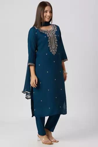 Teal-blue silk blend embroidered kurta set