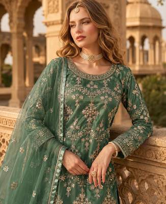Green heavy net semi stitched suit with embroidery work 2