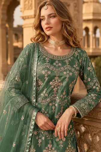 Green heavy net semi stitched suit with embroidery work