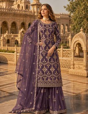 Purple heavy net semi stitched suit with embroidery work 1