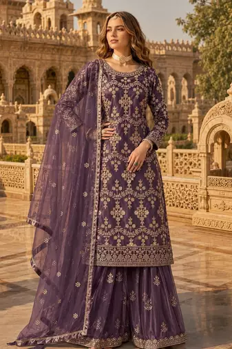 Purple heavy net semi stitched suit with embroidery work