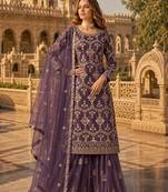 Purple heavy net semi stitched suit with embroidery work