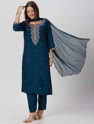Teal-blue silk blend embroidered kurta set 3