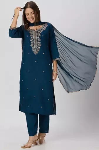 Teal-blue silk blend embroidered kurta set