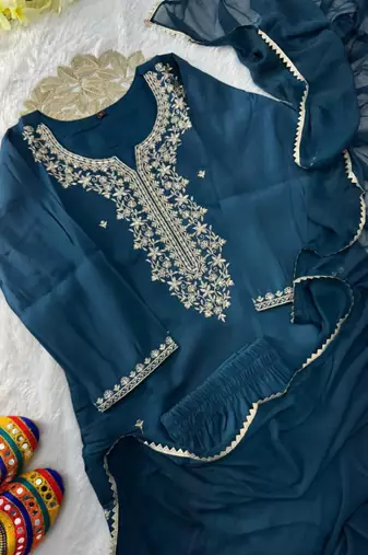 Teal-blue silk blend embroidered kurta set