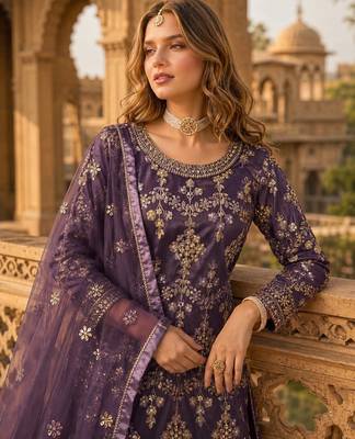 Purple heavy net semi stitched suit with embroidery work 2