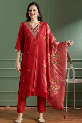 Red rayon embroidered kurta set