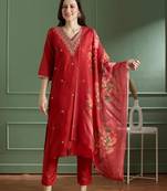 Red rayon embroidered kurta set