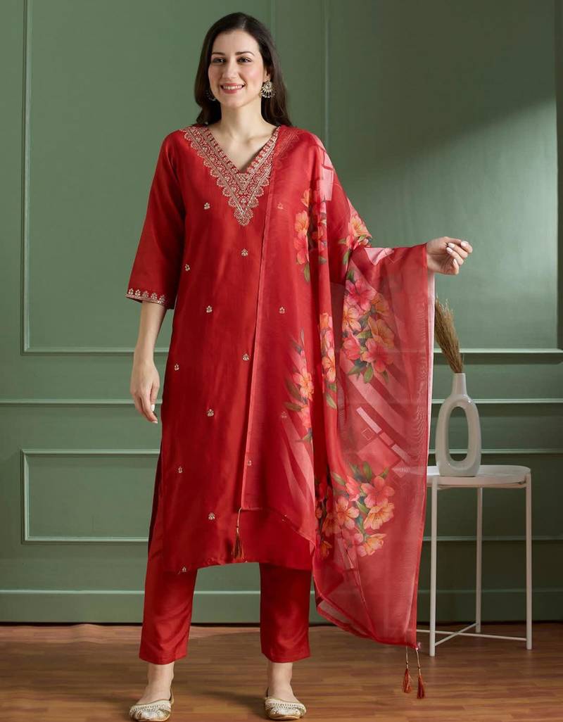 Red rayon embroidered kurta set