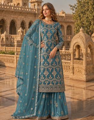 Teal blue heavy net semi stitched suit with embroidery work 1