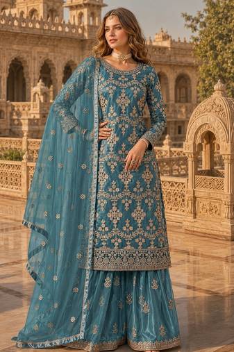 Teal blue heavy net semi stitched suit with embroidery work