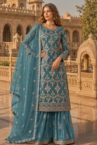 Teal blue heavy net semi stitched suit with embroidery work