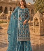 Teal blue heavy net semi stitched suit with embroidery work