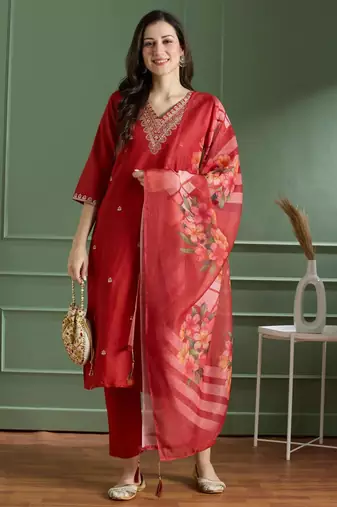 Red rayon embroidered kurta set