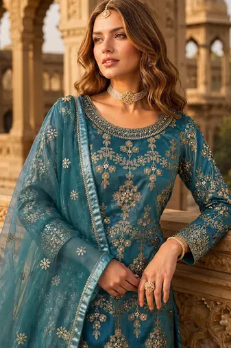 Teal blue heavy net semi stitched suit with embroidery work