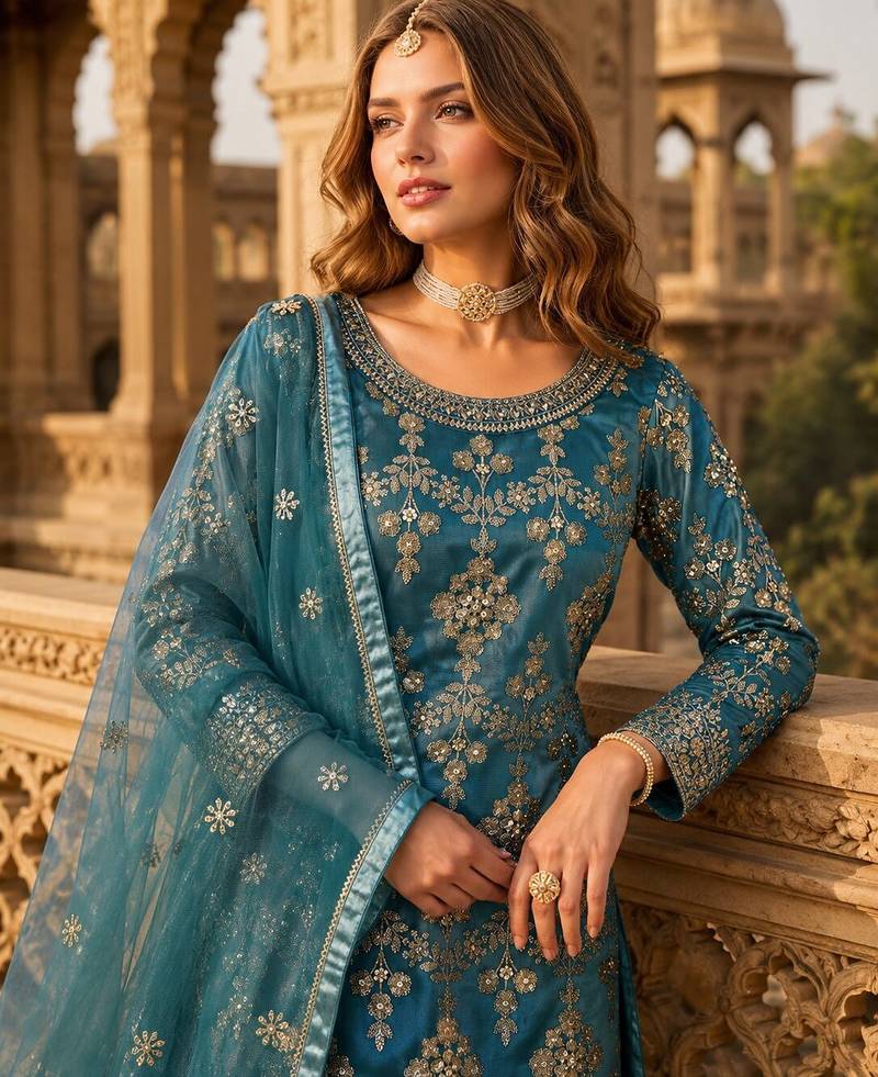Teal blue heavy net semi stitched suit with embroidery work