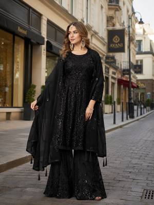 Black net semi stitched sharara suit with heavy sequince work 1