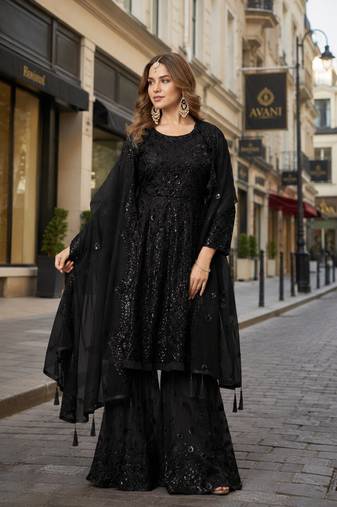 Black net semi stitched sharara suit with heavy sequince work