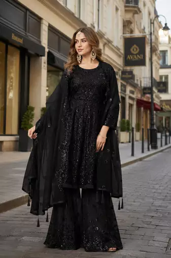Black net semi stitched sharara suit with heavy sequince work
