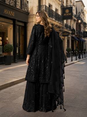 Black net semi stitched sharara suit with heavy sequince work 2