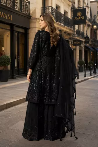 Black net semi stitched sharara suit with heavy sequince work