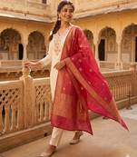 Off-white silk blend embroidered kurta set