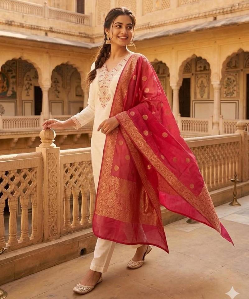 Off-white silk blend embroidered kurta set